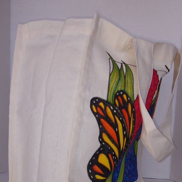 Hand-Painted Butterfly Tote Bag: Floral Art Reusable Canvas Tote 14x13x7 - Picture 5 of 14